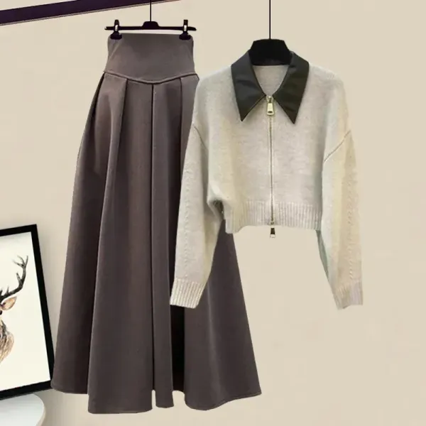 【全3色】単品可二点セット|ジッパーニット＋ハイウエストスカート