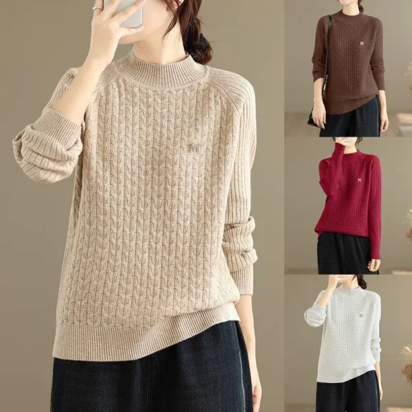 ニットセーター無地長袖ラウンドネックプルオーバー｜着痩せ防寒