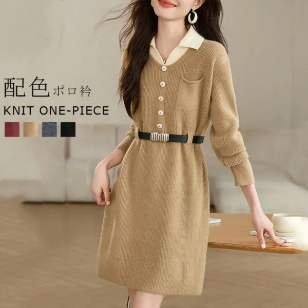 ポロ 配色 ニット ワンピース レディース 秋冬 レイヤード風 Vネック 春 ロング丈 膝丈 Iラインワンピース ワンピ 折襟 Iライン ニットワンピース リブ 長袖 バイカラー ニットワンピ 無地 シンプル カジュアル おしゃれ 着回し