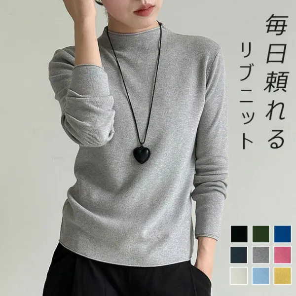 ニット プルオーバー レディース コンパクト 長そで 春 秋 冬 ニットプルオーバー Tシャツ tシャツ トップス セーター カットソー 薄手 インナー プチハイネック 長袖 リブ編み ニットトップス 無地 ストレッチ 楽ちん 着回し 通勤 オフィス 大人 柔らか