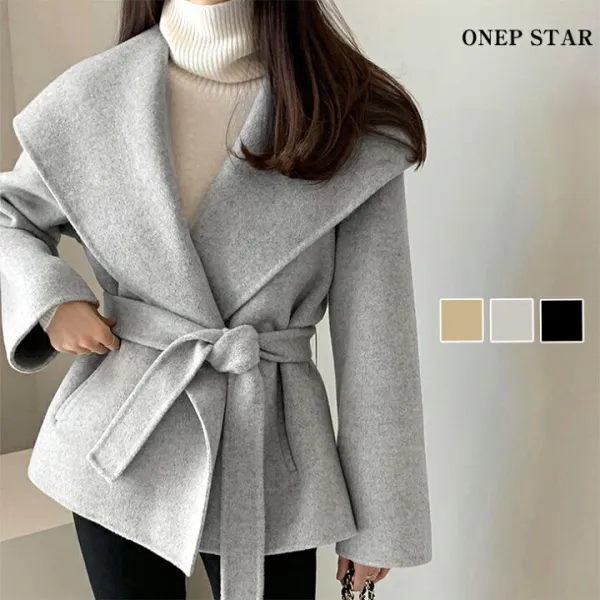 ワイドカラーウエストベルト付きコート レディース アウター チェスターコート ミドル ロング ウール調 ワイドカラー 秋 冬 20代 30代 40代 50代 ワンピスター