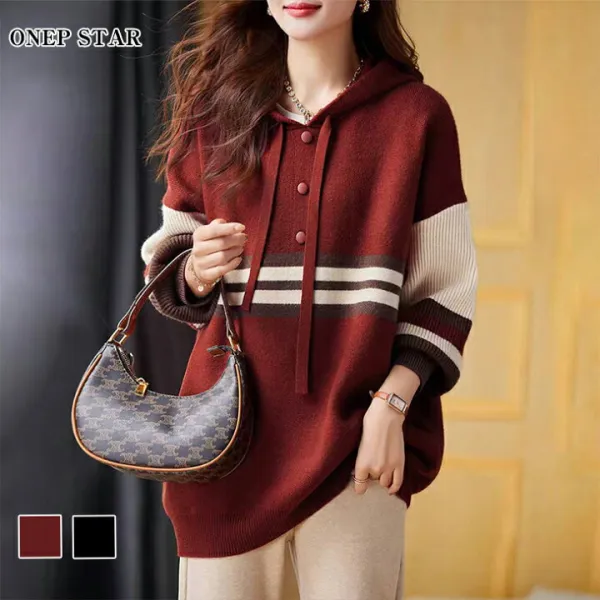 ボーダー柄ニットパーカー レディース トップス パーカー ボーダー柄 フード付き ボタン付き 長袖 カジュアル 着映え 秋 冬 春 20代 30代 40代 50代 ワンピスター