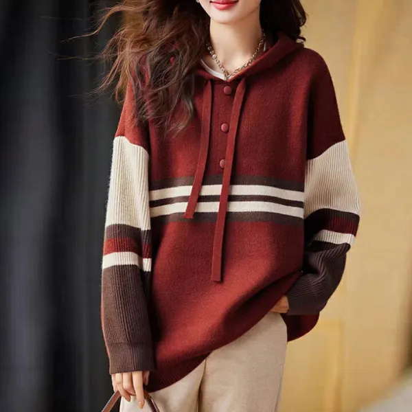 ボーダー柄ニットパーカー レディース トップス パーカー ボーダー柄 フード付き ボタン付き 長袖 カジュアル 着映え 秋 冬 春 20代 30代 40代 50代 ワンピスター