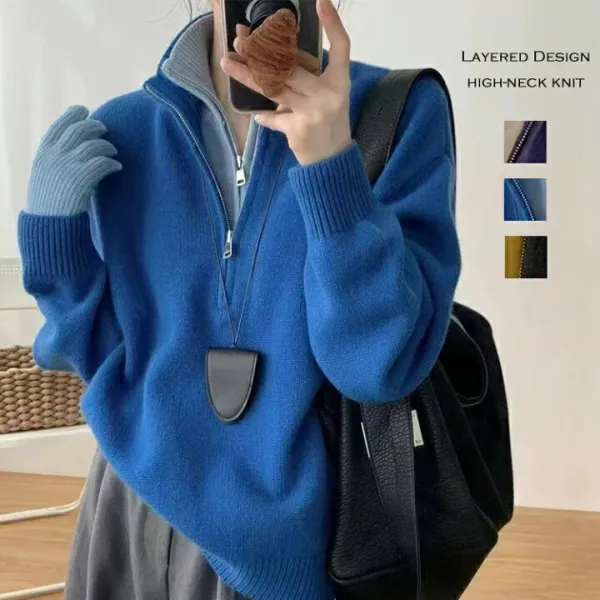 ハイネック ニット レイヤード風 異色 セーター レディース タートルネック ハーフジップ ドッキング ハイネックニット 重ね着風 ニットトップス 大きいサイズ ニット ハイゲージ ジップパーカー 秋冬ニット ジップニット