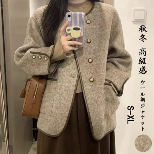 ジャケット ショート丈 レディース ウール調 秋冬 ノーカラージャケット 長袖 クルーネック ショートジャケット 襟なし ストレート ポケット 羽織り 前開き ボタン トップス 大きいサイズ ミディアム丈 高級感 体型カバー 着回し 大人 上品 通勤