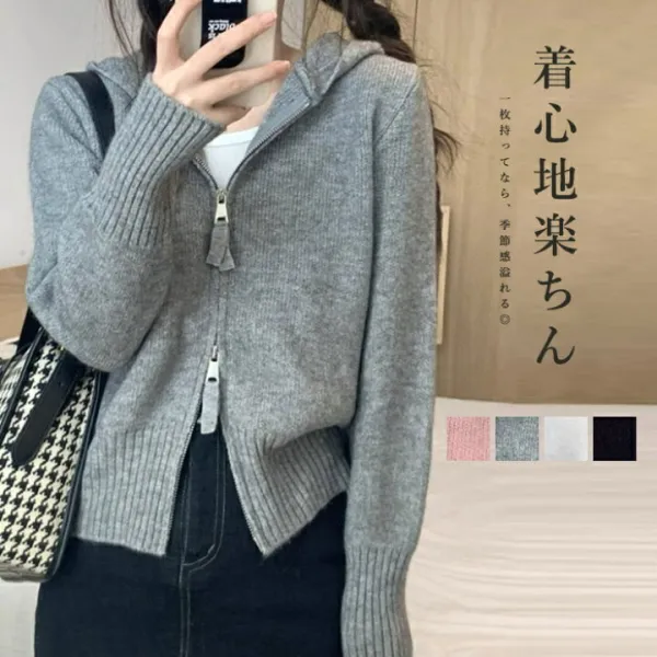 アウター ニットカーディガン ニット 長袖 レディース ダブルジップ ニット ジップ カーディガン トップス ニットソー 羽織り 防寒 ジップアップ 長袖 ショート丈 ニット カーディガン ニットパーカー セーター 2way 折り襟 ファスナー開閉 暖かい カジュアル 厚手 秋 冬