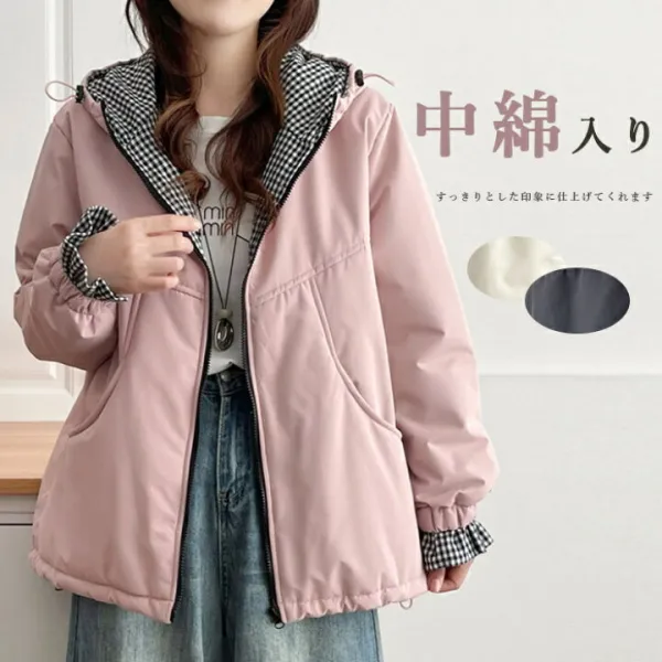 中綿ジャケット チェック柄 切り替え 中綿コート レディース 切替アウター フード付き モッズコート ブルゾン ジャンパー 中綿アウター カバーオール  コート 防寒ジャケット アウター 秋冬 中綿入り ショート丈 キルトコート 羽織り 長袖 カジュアル 体型カバー