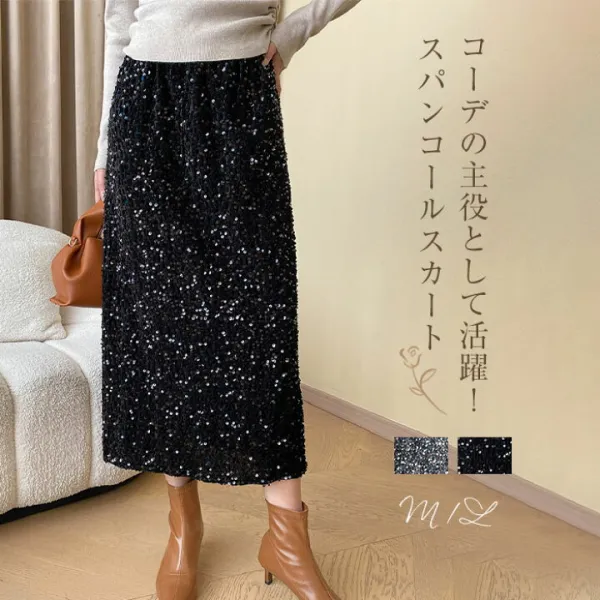 スカート ボトムス スパンコール スリット タイトシルエット ウエストゴム ロング丈 華やか レディース タイトスカート ロングスカート スリットスカート 裏地あり Iライン 着痩せ 美脚 通勤 オフィス 上品 おしゃれ パーティー デート 韓国ファッション 2024秋冬 新作