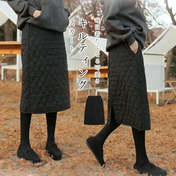 キルティング スカート ダウン 軽量 ロングスカート タイト キルティングスカート 冬 暖かい ダウンスカート ウェストゴム ポケット タイトスカート ひざ丈 膝下 スリット ミモレ丈スカート 40代 防寒 保温 ボトムス 中綿スカート