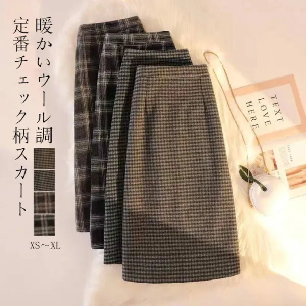 タイトスカート チェック ロングスカート タイト 秋冬 スカート ロング ミモレ丈 スリット チェックスカート ボトムス 大きいサイズ ハイウエスト ウエストゴム ミモレ丈スカート チェック柄 秋 冬 おしゃれ ウール調 暖かい あったか 厚州 防寒 保温 着痩せ 美脚 送料無料