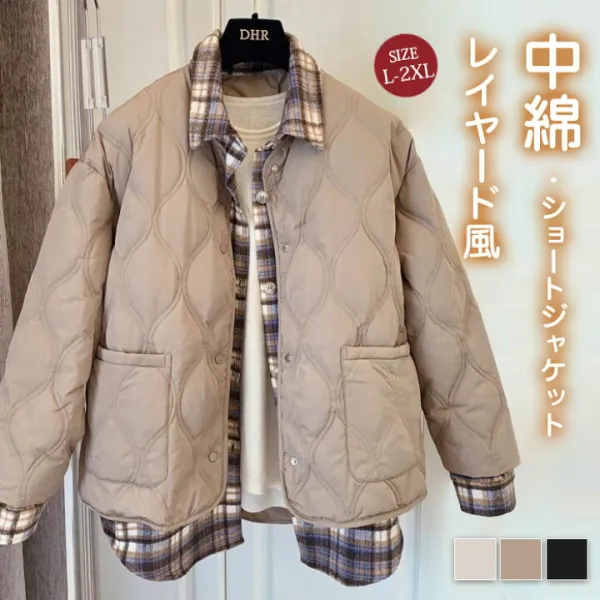 中綿ジャケット レディース 中綿コート 重ね着風 ショート丈 キルティング 冬 秋 厚手 ノーカラーコート ノーカラー アウター BIGコート 羽織り ゆったり ボリューム きれいめ お洒落 ポケット付き 防寒 長袖 おしゃれ カジュアル 暖かい 通勤 保温性 無地 コーデやすい