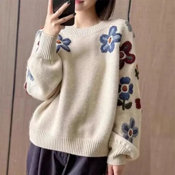 ニットプリントラウンドネック長袖｜美人度アップ