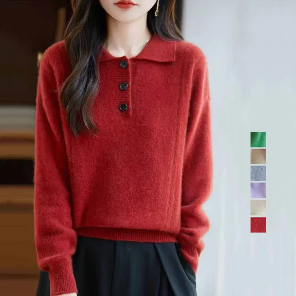 見逃し厳禁 無地 ボタン POLOネック シングルブレスト 長袖 シンプル ニットセーター