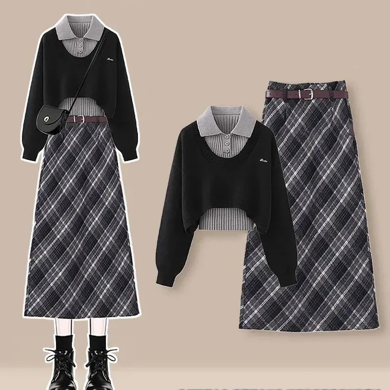 ブラック/セーター+グレー/インナー + スカート【3点セット】