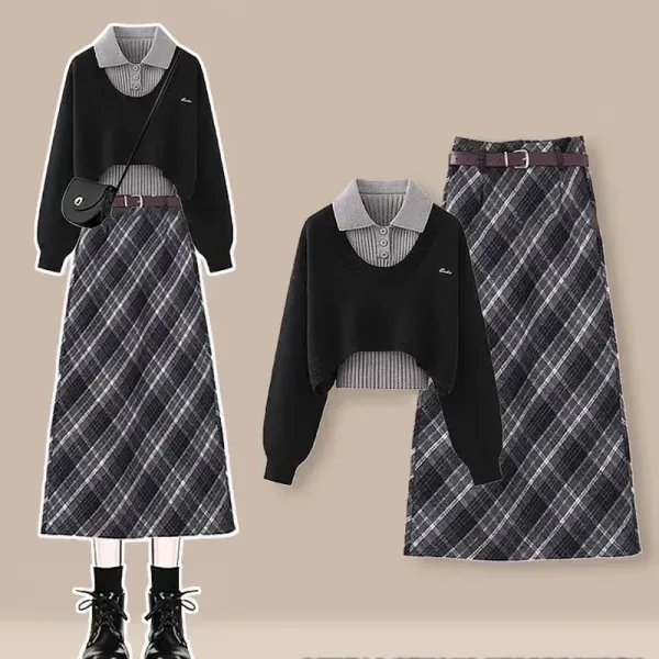 【単品注文】セットアップ 大人可愛い ボタン Aライン 長袖 チェック柄 パンツなし 韓国系 トップス+スカート
