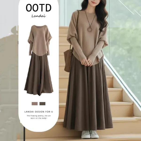 【単品注文】セットアップ 雑誌に掲載された レギュラーウエスト 長袖 ラウンドネック ロング 無地 レトロ トップス+パンツ+スカート