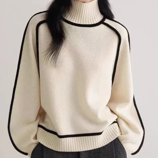 女性らしさ全開長袖ラグランスリーブ配色ハイネックランタンスリーブファッションニット・セーター