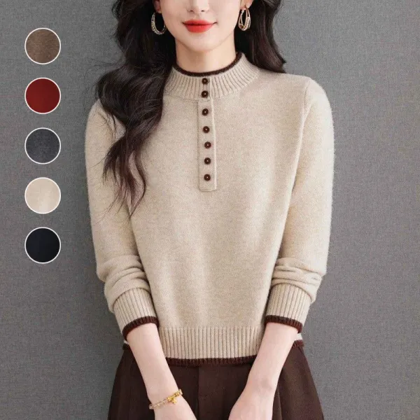 【全5色】ニットセーターボタン無地ぴったりしたサイズ感長袖ハーフネック｜通勤着痩せ