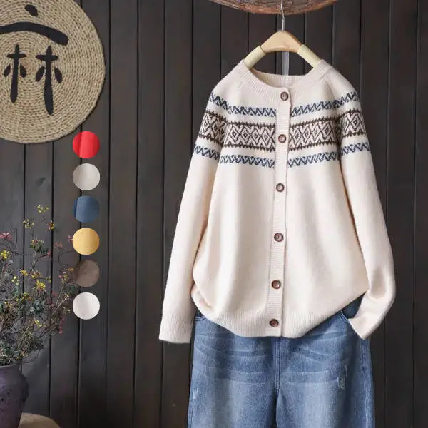 【全6色】カーディガン幾何模様Vネックシングルブレスト長袖｜好印象MAX