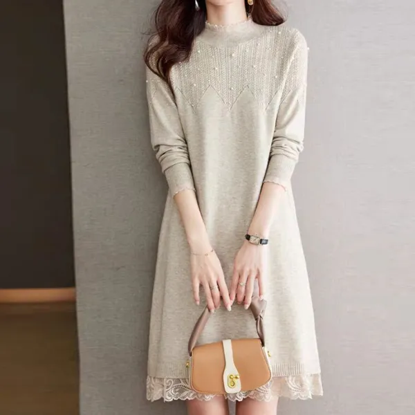 【全4色】ニットワンピーススタンドネックプルオーバー 無地  | 欠かせない