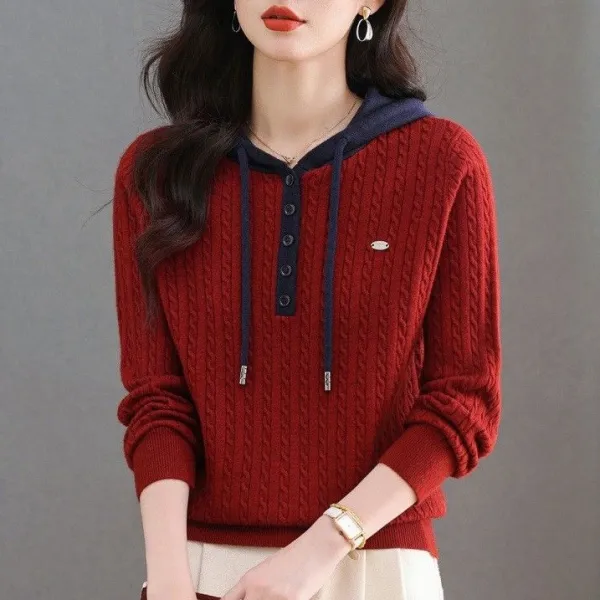 【全3色】ニットセーター長袖配色フード付きボタン | 暖かい