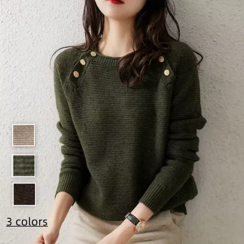 上品なシルエット カジュアル プルオーバー ボタン 金属飾り ニットセーター グリーン
