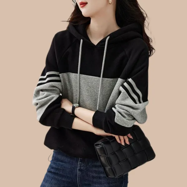 見逃し厳禁 切り替え ショート丈 フード付き 配色 長袖 韓国系 パーカー/ジャージ