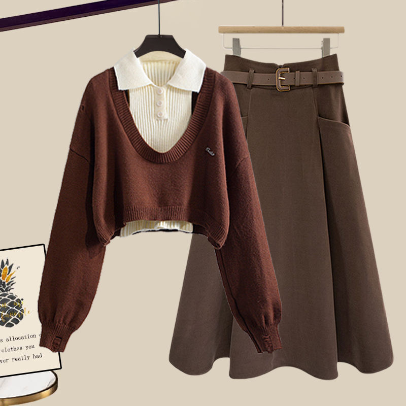 コーヒー/セーター+アプリコット/トップス+コーヒー/スカート【三点セット】