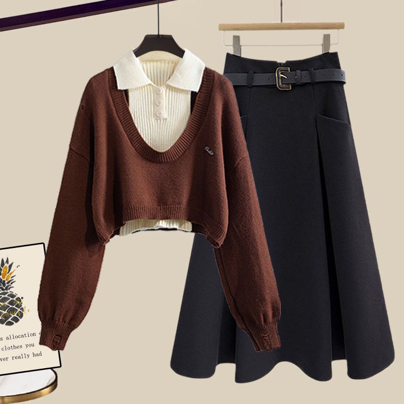 コーヒー/セーター+アプリコット/トップス+ブラック/スカート【三点セット】