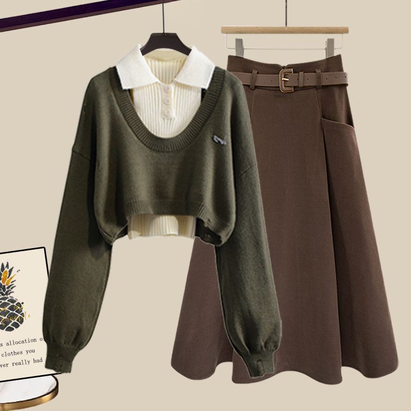 グリーン/セーター+アプリコット/トップス+コーヒー/スカート【三点セット】