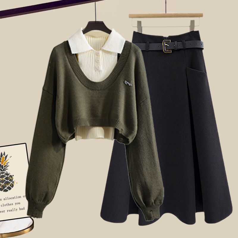 グリーン/セーター+アプリコット/トップス+ブラック/スカート【三点セット】