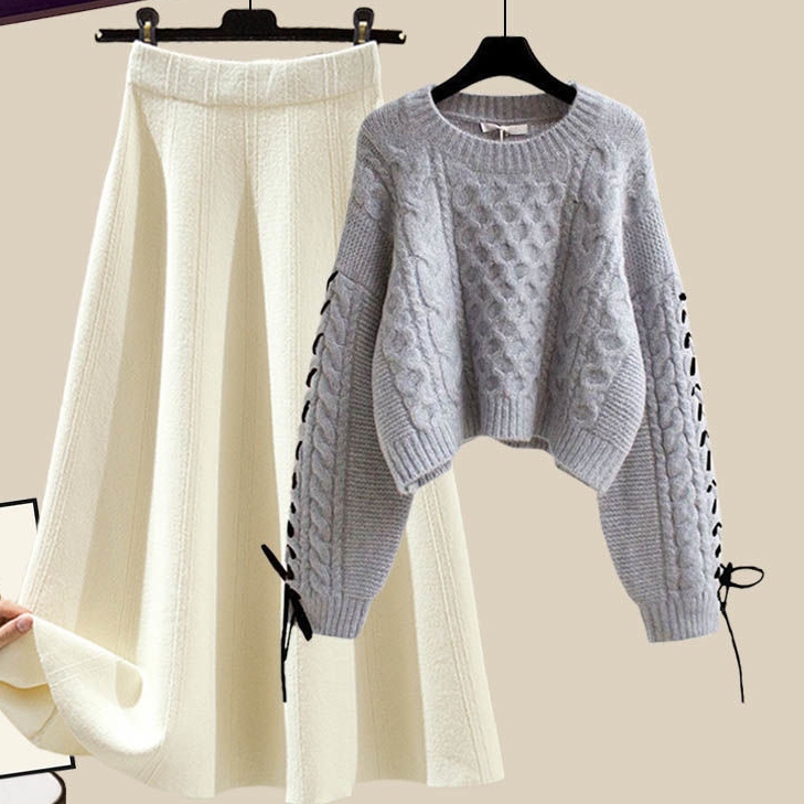 グレー/セーター+アイボリー/スカート/2点セット