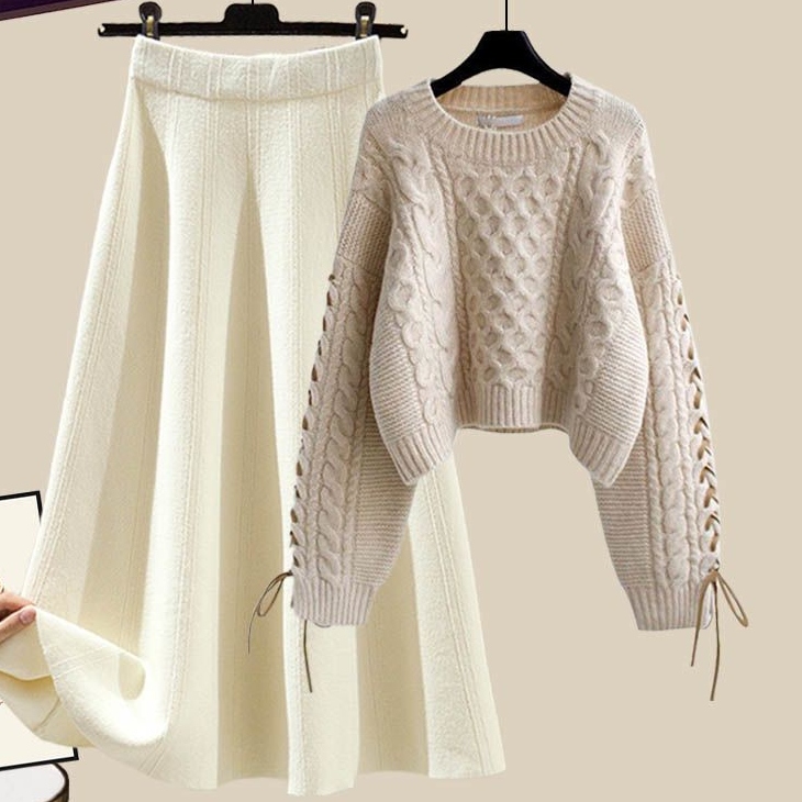 ベージュ/セーター＋アイボリー/スカート/2点セット