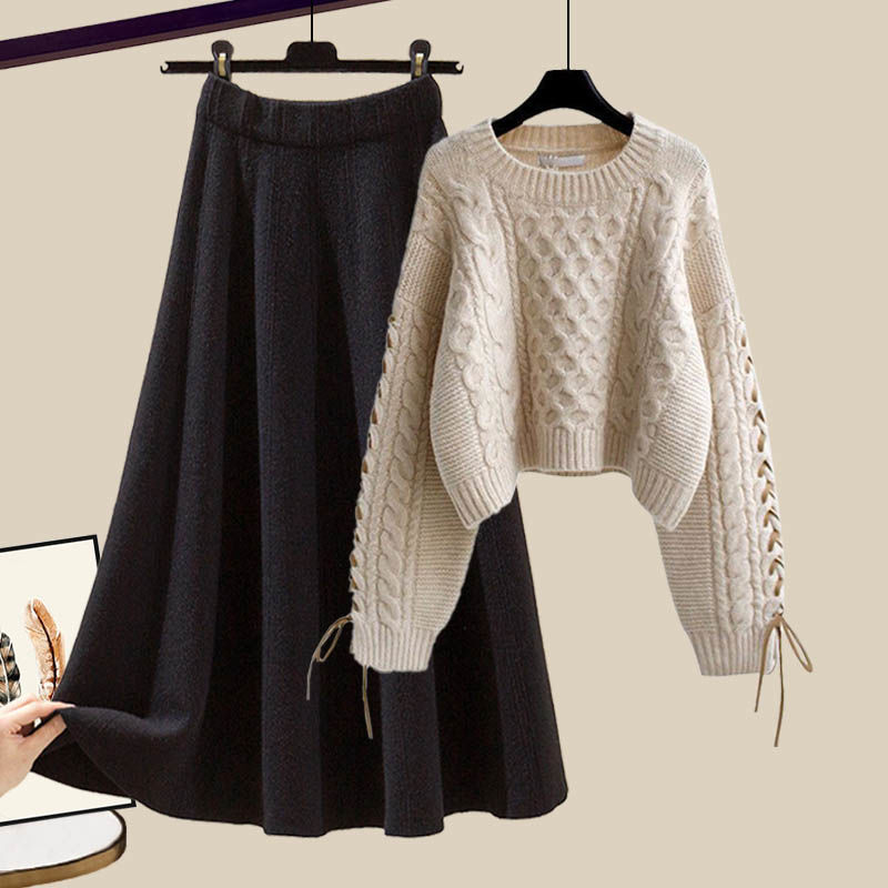 ベージュ/セーター+ブラック/スカート/2点セット