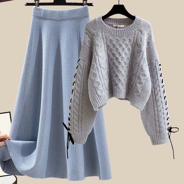 グレー/セーター+ブルー/スカート/2点セット