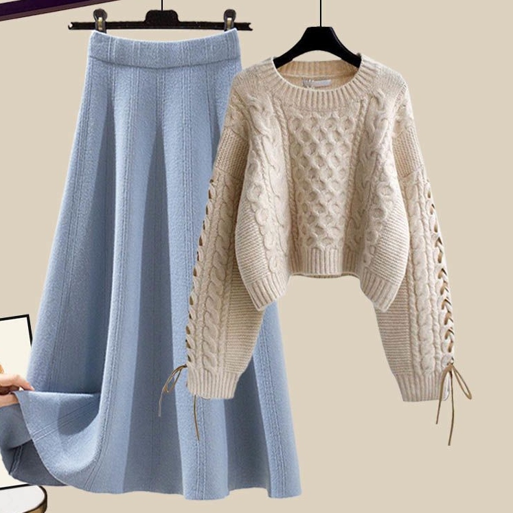 ベージュ/セーター＋ブルー/スカート/2点セット