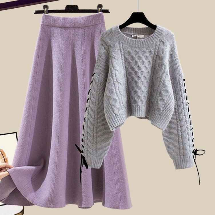 グレー/セーター＋パープル/スカート/2点セット