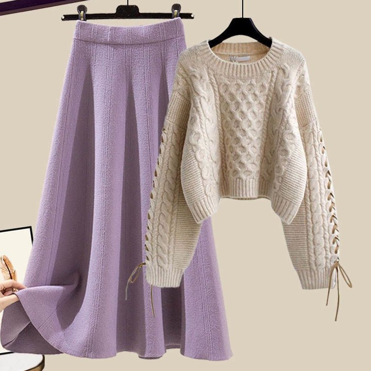 ベージュ/セーター＋パープル/スカート/2点セット