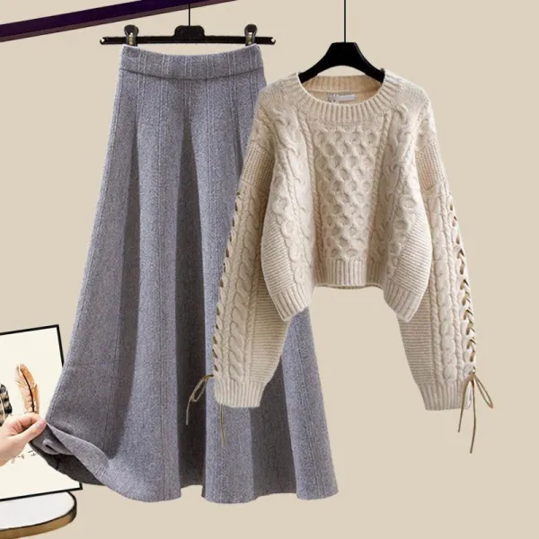 【単品注文可】ラウンドネックボウタイトップス+無地Aラインスカートセット