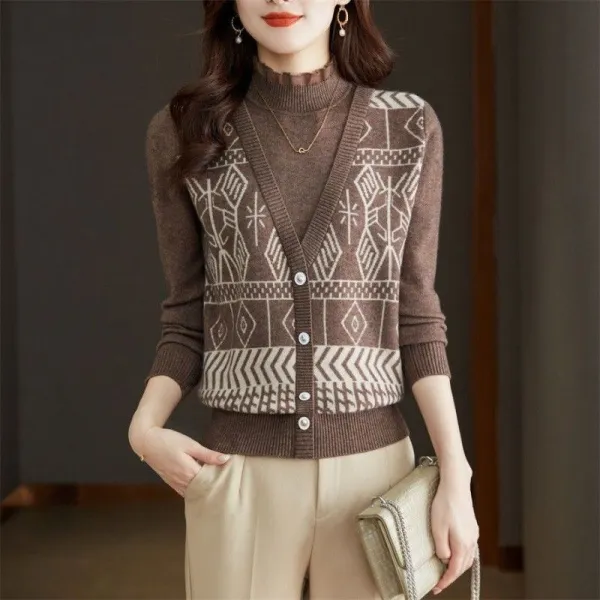 新作10%OFF今季人気プリント幾何模様パターン長袖切り替えエレガントニット・セーター