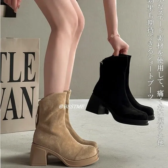 ショートブーツ ブーティー レディース 太ヒール シューズ 美脚 かわいい 安定感 履きやすい 軽量 歩きやすい 美脚 可愛い カジュアル 通勤 通学 春 秋 冬 お出かけ スエード 痛くない おしゃれ 黒 ブラウン 靴