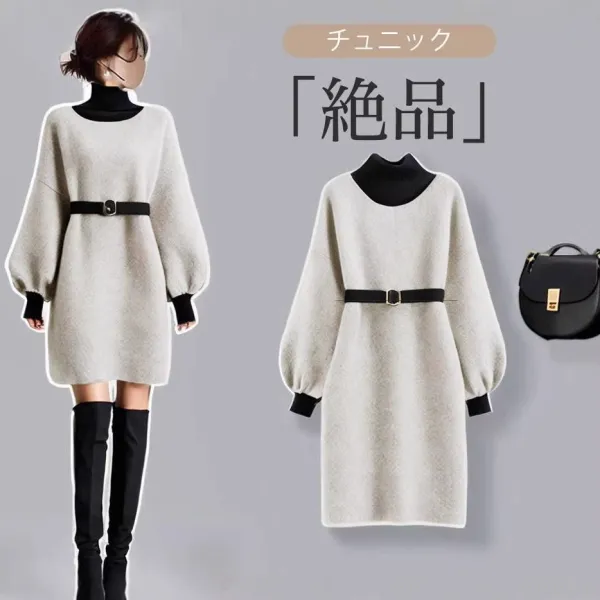 ワンピース  タートルネック  新作  おしゃれ / ファッション  日本風  バイカラー  カジュアルドレス