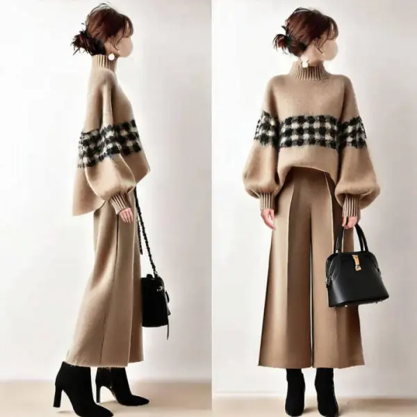 【2点セット】 ニット  ニットトップス  タートルネック  模様