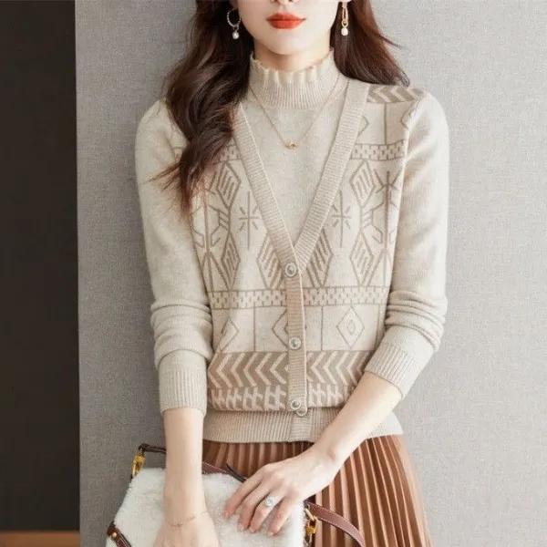 新作10%OFF今季人気プリント幾何模様パターン長袖切り替えエレガントニット・セーター