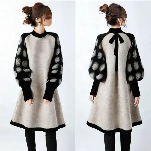 今季大注目ランタンスリーブリボン切り替え長袖ドット柄カジュアルニット・セーター