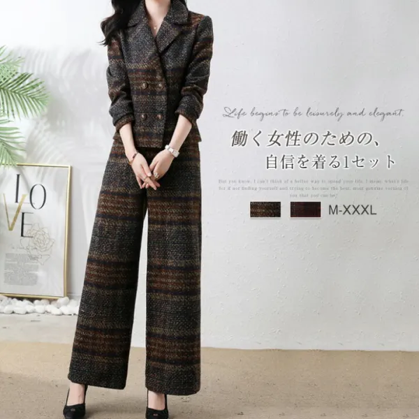 パンツスーツ レディース スーツ パンツ セットアップ チェック柄 ウール 卒業式 セレモニー フォーマル ジャケット ワイドパンツ ママコーデ ビジネス エレガント ビジネススーツ 通勤 OL 女性 オフィス 事務所 体型カバー ママスーツ 卒園式 入学式 面接 卒業式 七五三