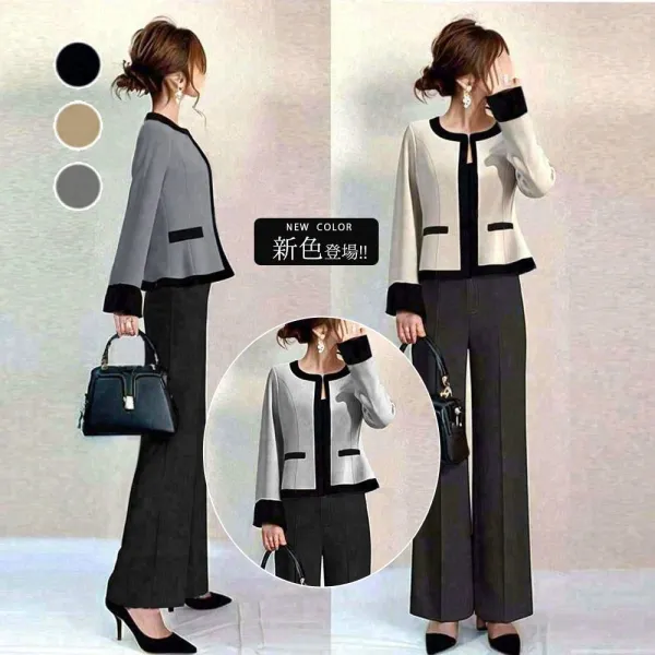 大流行新作 入学式 卒業式 配色 レギュラー丈 長袖 ラウンドネック スーツ+コンサバ 美脚効果 オフィス パンツ 2点セット