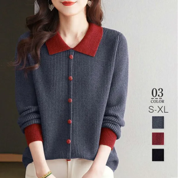 ニットカーディガン セーター レディース 春秋 ニット カーディガン ニットセーター 配色 長袖 トップス 折襟 前開き きれいめ 柔らかい トップス 長袖 カットソー 無地 前開き 重ね着 レイヤード 柔らかい カーデ オフィス 通勤OL シンプル
