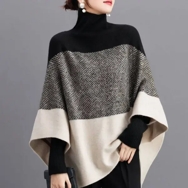 ニットセータードルマンスリーブ配色七分袖プルオーバーハイネック｜美人度アップ