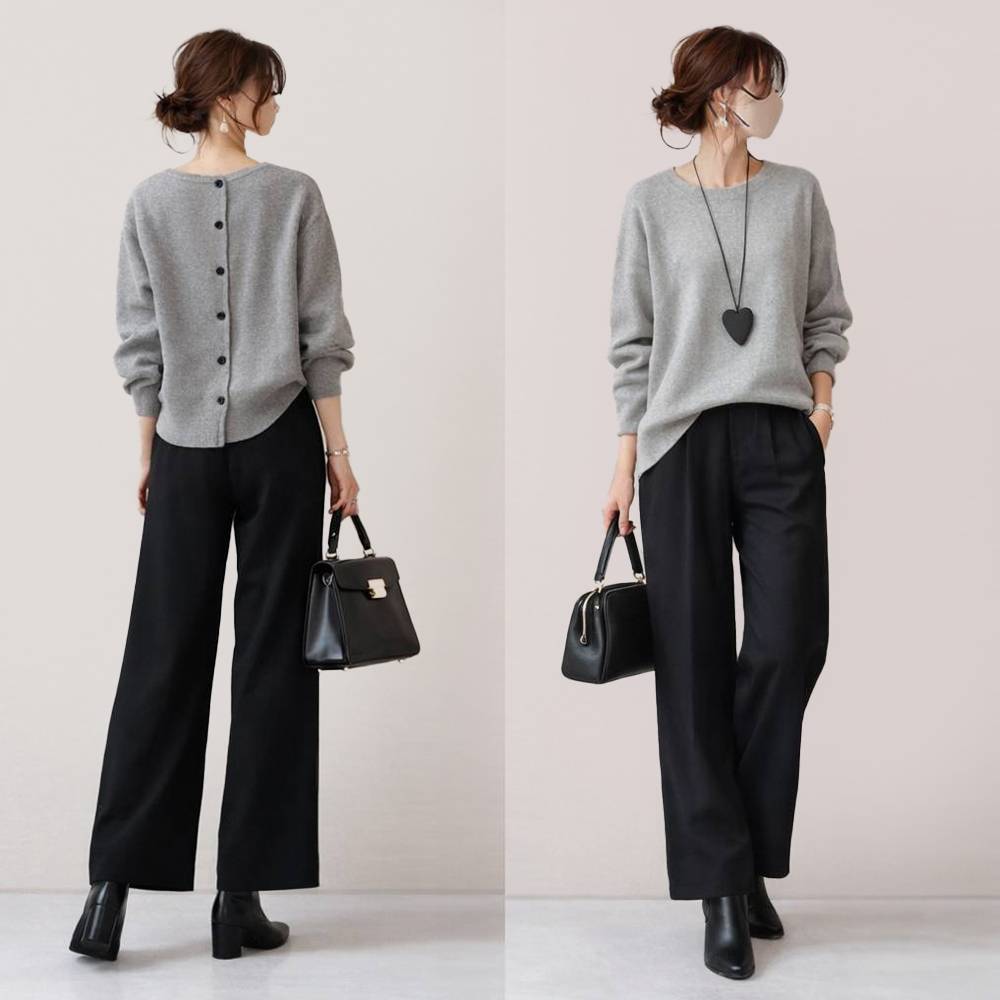 グレー/トップス+ブラック/パンツ/2点セット